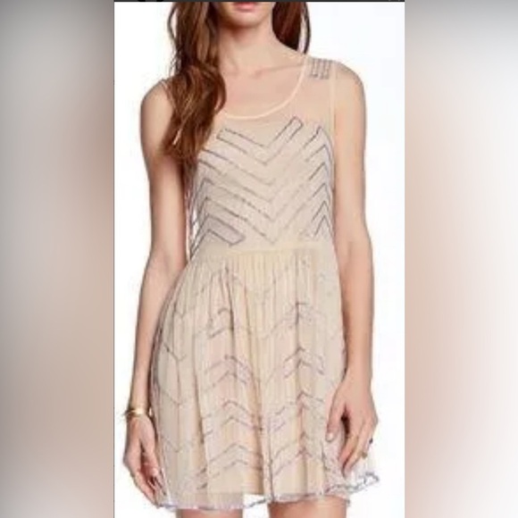 Free People Embellished Sheer Moon Eyes Cream Chevron Beaded Dress - Picture 3 of 11